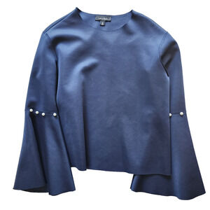 Lea & Viola Mid-Length Blue Blouse Small w/Flared Sleeves - Pearl Accents